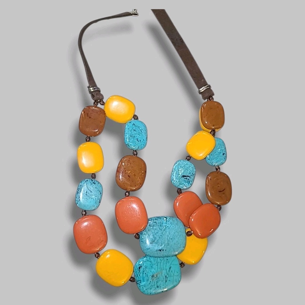 Faux Stone Acrylic Bead 2-Strand Faux Leather Statement Necklace‎ Southwestern